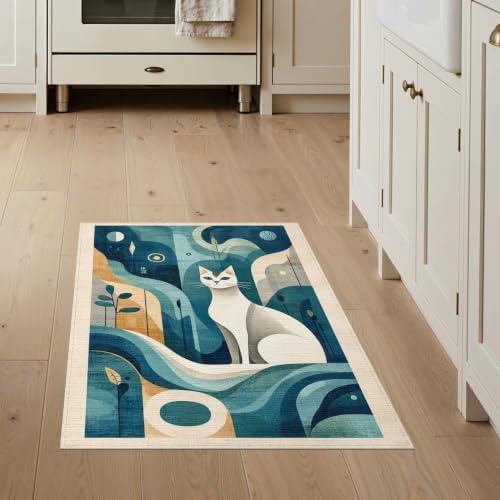 3'x5' Teal Blue Cat Boho Abstract Design Washable Area Rug