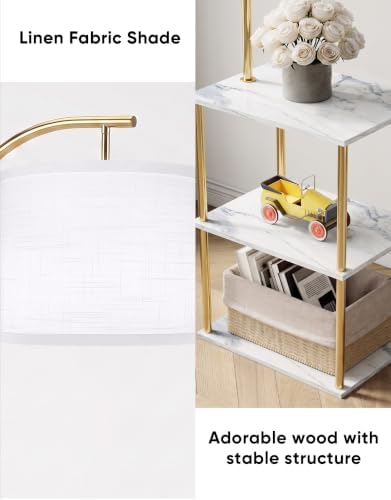 PARTPHONER Floor Lamp with Table, Night Stand with Lamp, Narrow Side Table with 3CCT LED Bulb, Small Coffee Table, Modern End Table with Storage Shelves for Living Room, Marble White and Gold Poles