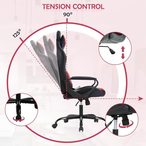 Red Gaming Chair PC Office Chair, High Back Computer Chair Gaming Chairs for Adults, Ergonomic Desk Chair Office Gaming Chair with Wheels, Reclining Gamer Chair, Adjustable Headrest Lumbar Support