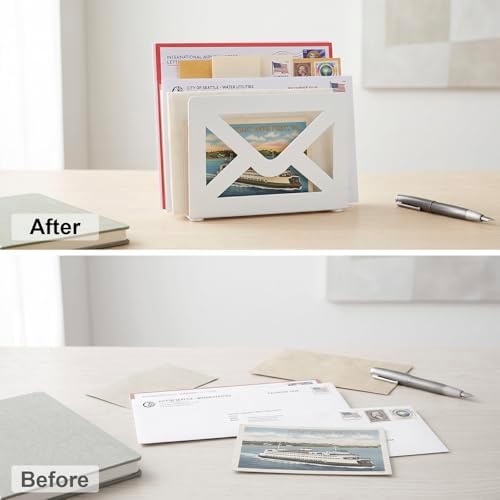 MyGift White Metal Desktop Mail Holder, Letter Organizer with Envelope