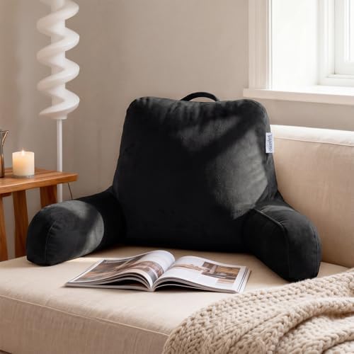 Reading Pillow for Bed Sitting Up, Adults and Teens Backrest with Arms, Velvet Back Support Pillow for Sitting on Sofa, Couch with Washable Cover- Standard, Black