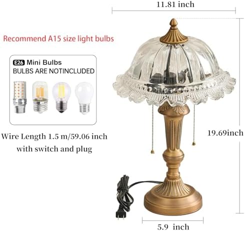 HDDFL Glass Shade Table Lamp Vintage Brass Metal Desk Lamp 2 Lights Table Light with Plug Switch for Bedroom Living Room Home Office