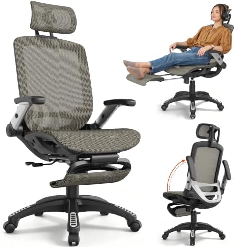 Ergonomic Office Chair with Footrest – High Back Executive Mesh Desk Chair for Corporate & Home, 135° Recline Task Computer Chair with Flip-Up Arms, Wide Seat, Class-4 Cylinder, 300 LBS - GY01BC-FT