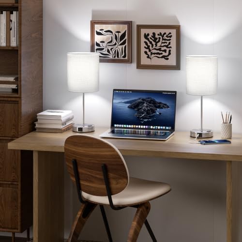 17.6" Grey Touch Lamps for Bedroom Set of 2 - Dimmable, USB C+A, AC Outlet