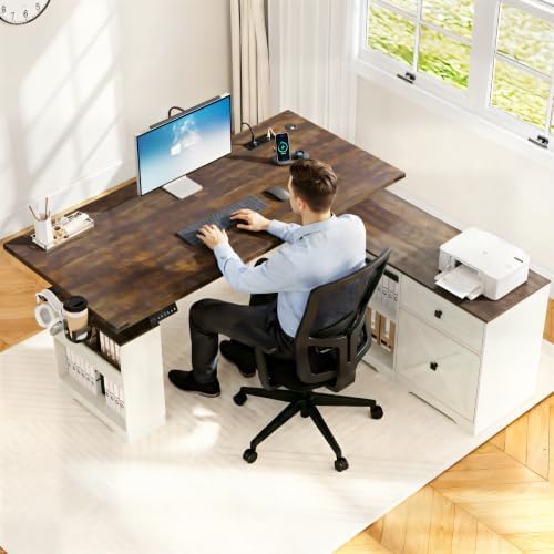 St.Mandyu L Shaped Electric Standing Desk 63" White with Power & Storage