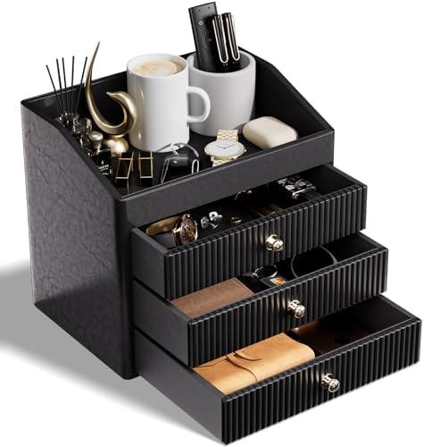 LADSTAG Desk Organizers and Accessories,Black Vegan Leather Desktop Organizer with 3 Drawers & Tray for Bedroom,Bathroom,Lipstick,Nail Polish,Skincare,Perfume,Jewelry Box