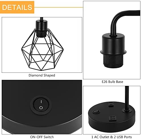 BTY Industrial Table Lamps Set of 2 Vintage Desk Lamp Metal Cage Nightstand Bedside Lamp with Dual USB Charging Ports and AC Outlet for Bedroom Living Room Office (Black)