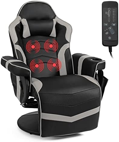GYMAX Gaming Chair with Footrest, Massage Video Game Chairs for Adults with Remote, Adjustable Backrest, Headrest, Cup Holder & Side Pocket, Ergonomic High Back Office Computer Chair (Grey)