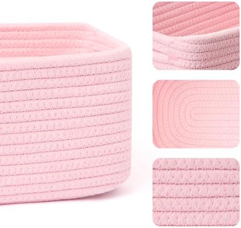 MiniArk Small Storage Baskets for Organizing | Closet Organizer Bins | Shelf Toy Basket | Woven Rope Baskets | Cube Decorative Box | Shallow Basket | 13x8.5x5.1” | 4 Packs Light Pink