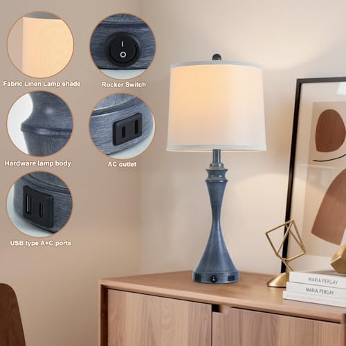 Living Room Deek Lamp Bedroom Table Lamp Set of 2,3 Way Dimmable Led Light Modern Industrial Table Lamps Sand Navy Blue Metal,USB Type A+C&Outlet, Linen Lampshade,Bulb*2