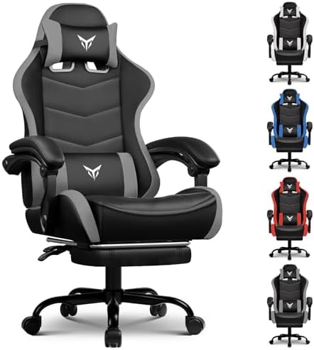 GTPLAYER Gaming Chair with Footrest, Video Game Chairs Racing Style PC Game Chairs 350lbs for Adults - Padded High Back Ergonomic Reclining Silla Gamer, Linkage Armrest, Grey
