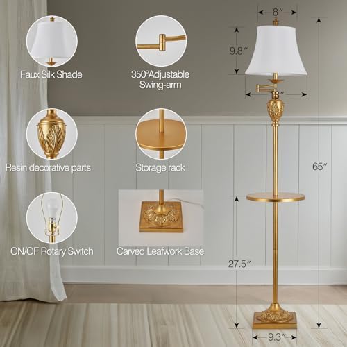 Traditional Floor Lamp with Tray, Remote Dimmable, 350° Swing Arm and Gold