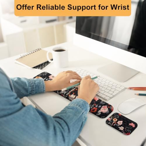 Keyboard Wrist Rest Mouse Wrist Support, Memory Foam Wrist Rest Pad for Computer Laptop, Ergonomic Wrist Cushion Support for Typing Pain Relief, Gaming Home Office, Flower Black