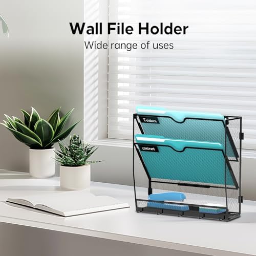 3-Tier Wall File Organizer and Mail Organizer with 5 Hooks, Black