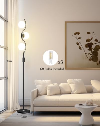 3 Globe Floor Lamp Dimmable Black Floor Lamps with 3 Soft Warm White 3000K Bulbs, Mid Century Modern Standing Tall Lamp with 5Lbs Heavy Basefor Living Room Bedroom Home Decor Sofa Beside