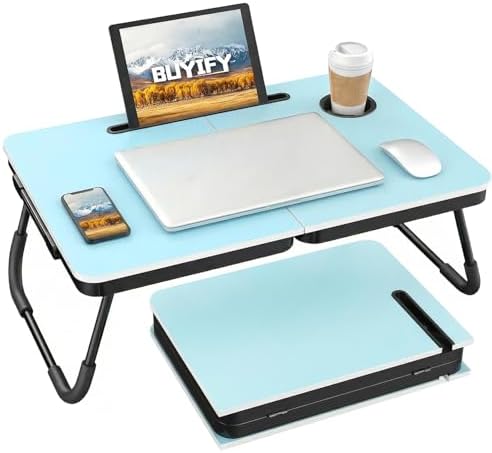BUYIFY 23.4" Foldable Lap Desk Bed Table with Cup Holder Tray Blue