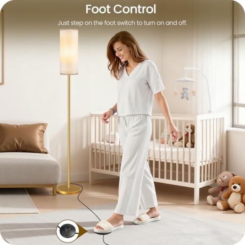 Set of 2 Dimmable Floor Lamps for Living Room with 2 Remotes and Foot Switch, Modern Standing Tall Lamp, Corner Lamp for Bedroom, Bulb Included, 3000K-6500K, Beige and Gold DE06LDP205W1