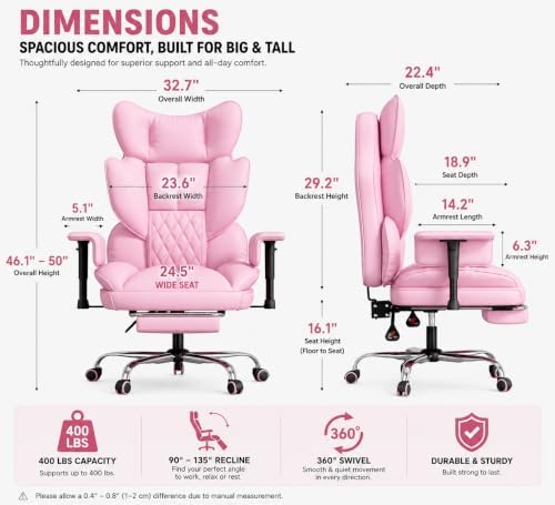 Mr IRONSTONE Big and Tall Gaming Chair 400lbs, Heavy Duty Office Chair with Footrest, High Back Computer Chair with Thick Padded Seat and Lumbar Support, Wide Seat Reclining PU Leather Chair, Pink