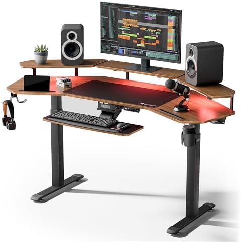 EUREKA ERGONOMIC 72" Standing Desk, Adjustable Height Dual Motor Computer Desk with Keyboard Tray & LED Monitor Stand, Gaming Music Studio Workstation, Slot Design, Deep Walnut