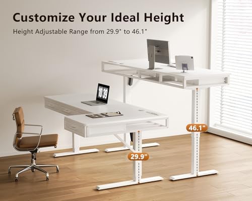 OffiGo 63 Inch L Shaped Standing Desk with 4 Wooden Drawers, White