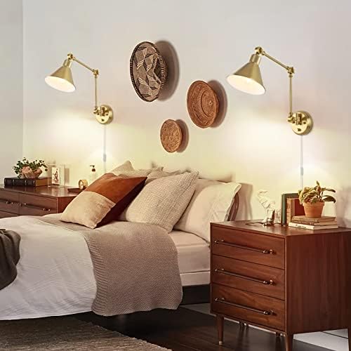 TRLIFE Wall Sconces Plug in, Dimmable Wall Sconces Brushed Brass Swing Arm Wall Lights Plug in Wall Mounted Light Industrial Wall Lights with 6FT Plug in Cord, E26 Base, UL Listed(Two Arms, 2 Pack)