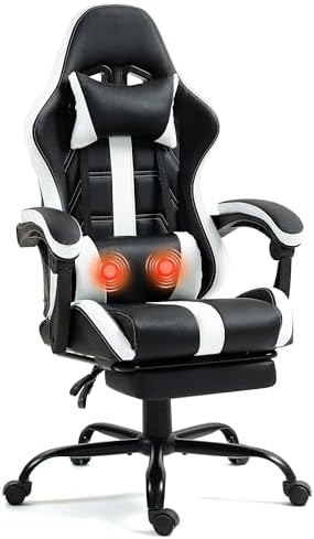 Massage Gaming Chair with Footrest & Lumbar Support, White