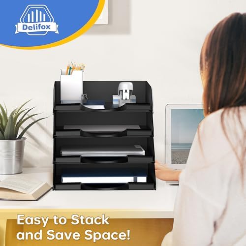 4 Pack Stackable Paper Trays for Letter Documents, Desktop File Organizers for Office Supplies, Stackable Desk Tray Holder for Paper Storage, Black