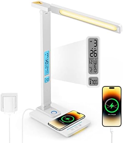 LAOPAO LED Desk Lamp with Wireless Charger: Desk Lamps for Home Office Bedroom, 5 Color Modes & Brightness Dimmable, 2 Night Light