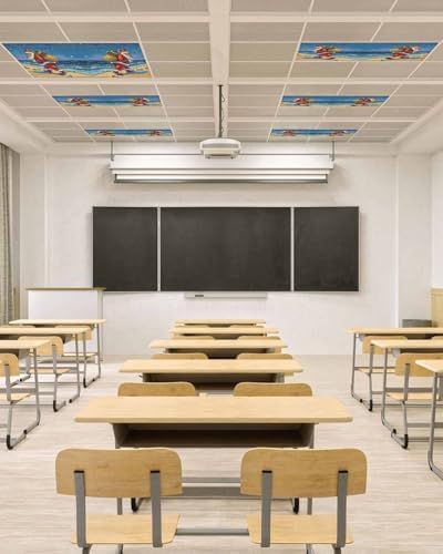 Christmas Beach Magnetic Fluorescent Light Covers for Ceiling Lights 2 x 4 Feet,Santa Claus Palm Trees Sandy Blue Office Classroom Kitchen Drop Ceiling Light Covers Filters Shade Panel 4 Packs