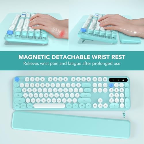 Wireless Keyboard, Round Keycaps, Retro Typewriter Keyboard with Detachable Wrist Rest, Sleep Mode, Foldable Legs, 2.4GHz Full-Size Cordless Computer Keyboard for Windows/PC/Laptop (Tiffany Blue)