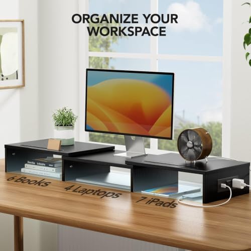 HUANUO Dual Monitor Stand with USB Ports, Adjustable Length & Angle, Black