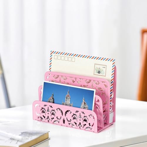 EasyPAG Mail Organizer Countertop 2pc Desk Mail Sorter for Envelope 3-Slot Vertical Letter Holder for Office, Home, School, Pink