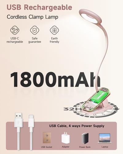 CUHIOY Rechargeable Clip on Reading Light for Bed Headboard, Pink, 1 Pack