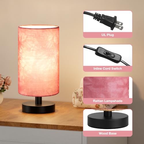 Fenmzee Small Table Lamps(Pink Shade - Black Base, 9" Inline Control)