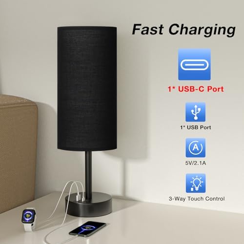 Black Touch Table Lamp for Bedroom - Small Bedside Desk Lamp for Kids
