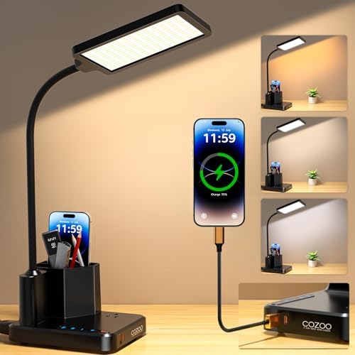 Desk Lamp, COZOO LED Desk Lamps for Home Office with USB Charging Port/Outlet/Organizer,Desk Lamp for College Dorm Eye-Caring Study Light,Gooseneck Table Lamp with Pen Holders/Storage,9 Lighting Modes