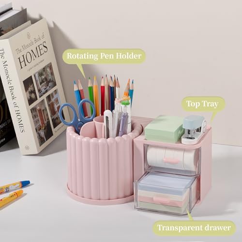Anyoifax Rotating Pen Holder for Desk Removable Pencil Cup, Large Pink