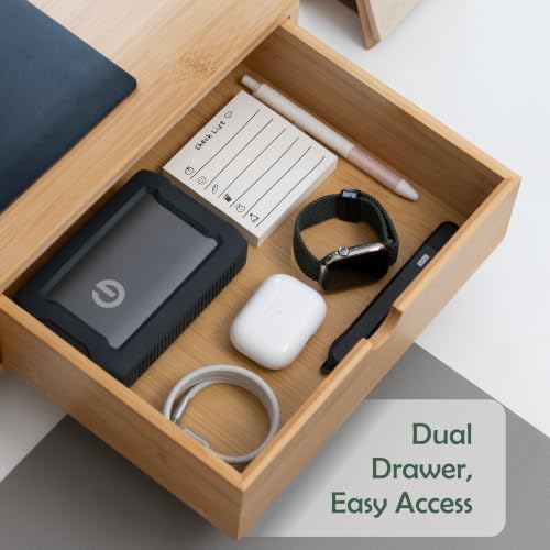 Bamboo Dual Monitor Stand, Natural Desk Shelf with 2 Drawers