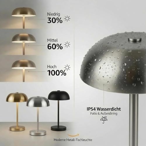 2 Pack Portable LED Mushroom Table Lamp, Metal Cordless Desk Night Light, Stepless Dimming Touch Lamp with 3 Colors for Bedroom Bedside Restaurant Bar, Golden