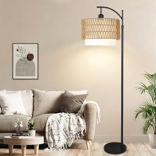 ZECOXOL Arc Floor Lamp for Living Room Boho Floor Lamps with Remote Control & with 3 Color Temperatures,Rattan Wicker Standing Lamp Dimmable Tall Floor Lamp for Bedroom Living Room Corner