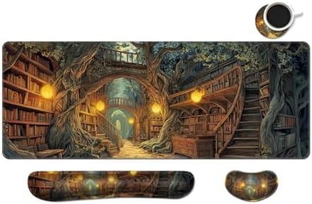 Desk Mat, Large Gaming Mouse Pad with Wrist Rest, 4 in1 XXL Mouse pad+Keyboard Wrist Rest+Mouse Pad Wrist Support+Cup Coaster Set, Ergonomic Desk Pad for Home Office, Trees Library