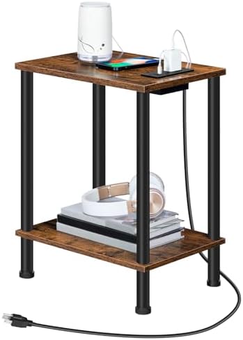 HOOBRO Side Table with Charging Station, Small End Table with USB Port and Outlet, Nightstand with 2-Layer Storage Shelves for Small Spaces, Living Room, Bedroom, Stable Frame, Rustic Brown BF09UBZ01