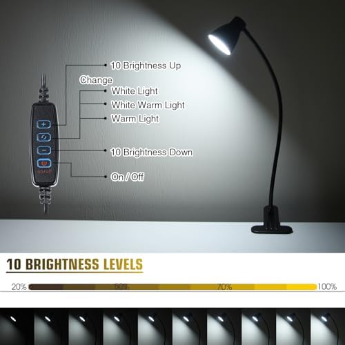 2 Pack Clip Desk Lamp, Ultra-Flexible Gooseneck Clip Reading Lights, 3000K-6500K Adjustable Color Temperature & Brightness, 6W Eye-Care LED for Office, Study, Bedside(USB Adapter Included)