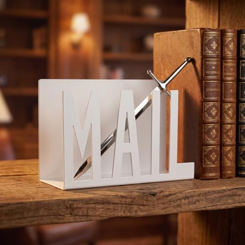 Cutout Mail Lettering Design Mail Holder Organizer Countertop with Sword Letter Opener Set Office Mail Basket Mail Holder and Cute Mail Envelope Opener Sword（White）
