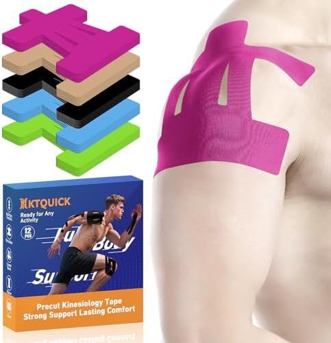 KTQUICK Precut Kinesiology Tape for Shoulder, 12 PCS, 20% Stronger Adhesive