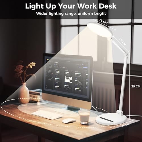 LED Desk Lamp for Home Office, Eye-Caring Desk Light for Video Call, Dimmable 3 Color Temperature 10 Brightness Computer Light, Led Desk Light, Memory & Timer Func, Adjustable Flexible Swing Arm