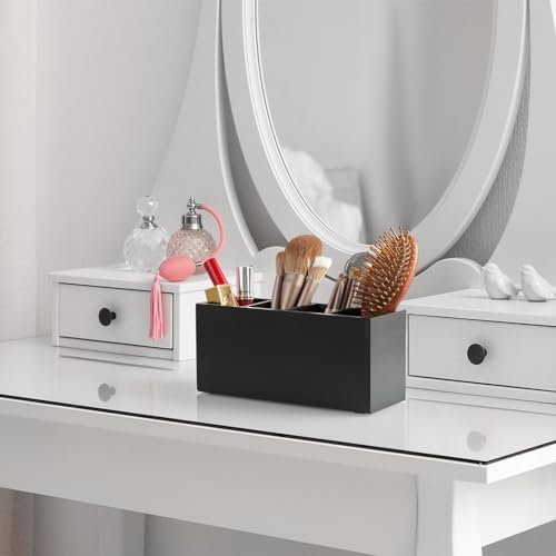 Bivvclaz Pencil Pen Holder for Desk, Wooden Office Desk Organizers and Accessories with 4 Slots for Countertop, Makeup Brush Holder Organizer for Bathroom Vanity, Silverware Caddy for Party, Black