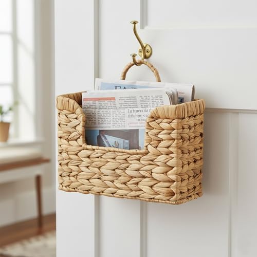 Water Hyacinth Hanging Basket with Handle, Wall Baskets Storage, Wall Mounted Organizer, Magazine holder magazine basket，Farmhouse Baskets for Flowers/Magazine/Fruit Storage