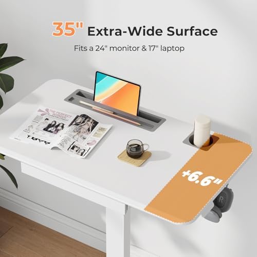 Mobile Standing Desk with Drawer, 35"×20" Small Desk, White