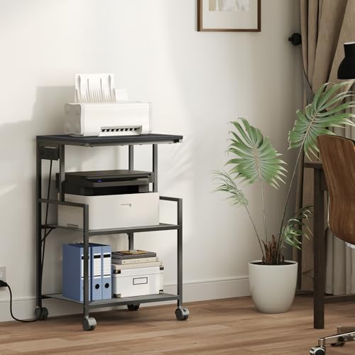 MAHANCRIS Mobile Printer Stand, 3-Tier Industrial Printer Cart with Power Outlets and 2 USB Ports, Rolling Printer Table on Wheels for Home Offices Kitchen Organization Rack, Black PTHB78E01